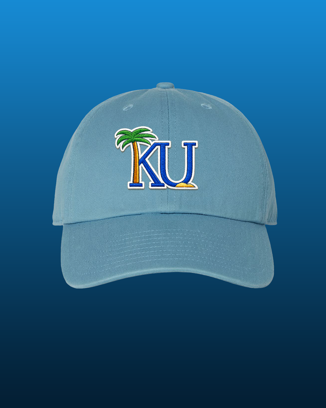 "KU Palm" Embroidered Dad Hats – White & Blue