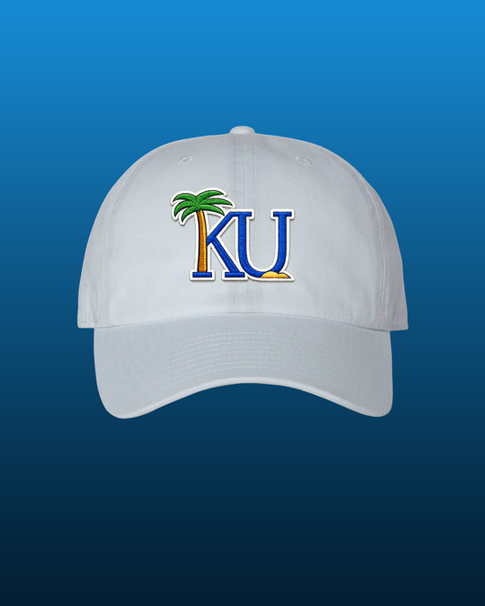 "KU Palm" Embroidered Dad Hats – White & Blue